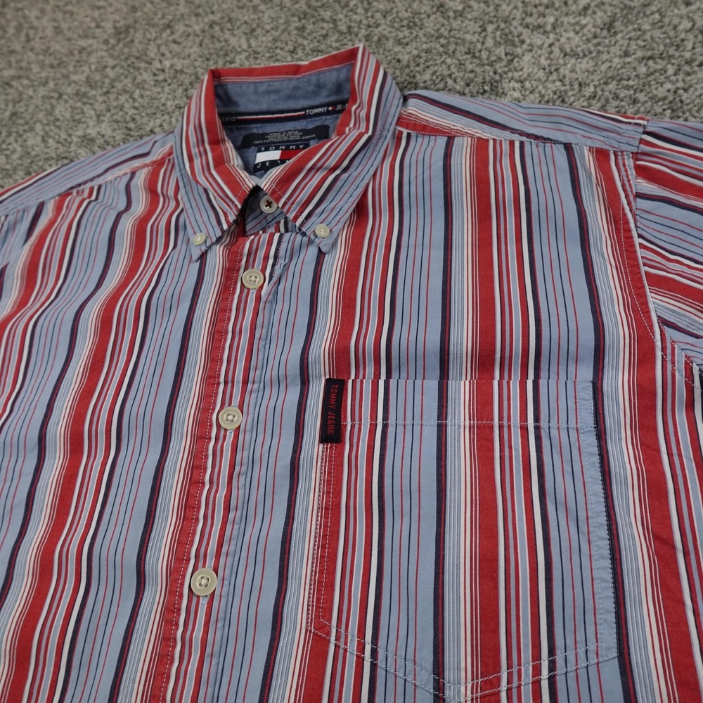 VTG Tommy Hilfiger Shirt Mens L Red Blue Striped Short Sleeve Button Up 90s Y2K